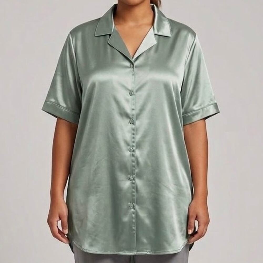 Ekouaer Silky Satin Short Sleeve Button-Down Nightshirt - Mint Green